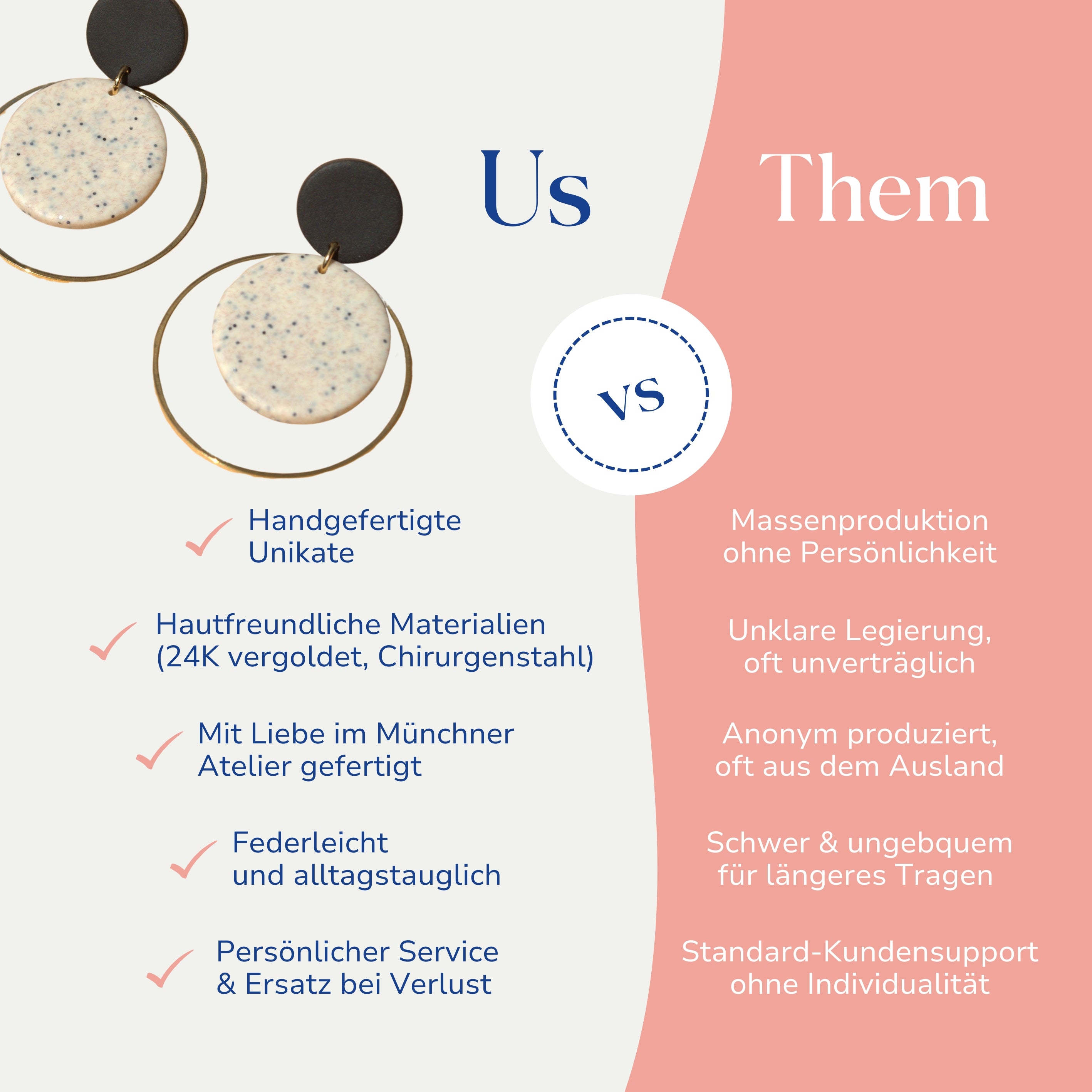 Vergleich Santorini Ohrringe von Santoclay vs. Massenware – handmade, leicht, hautfreundlich.