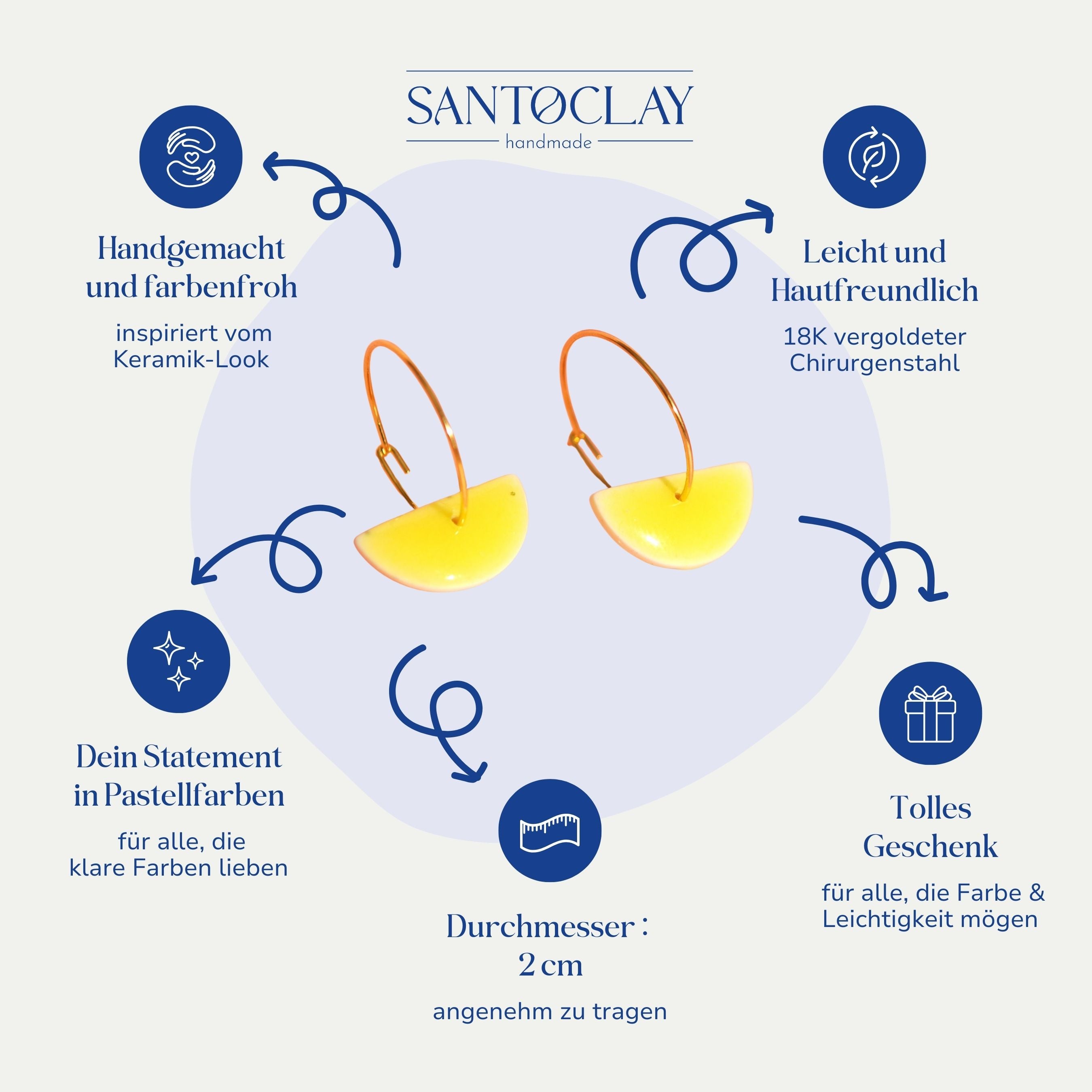 Vorteile der handgemachten Statement Creolen in Hellblau & Gelb 24k vergoldet von Santoclay im Überblick