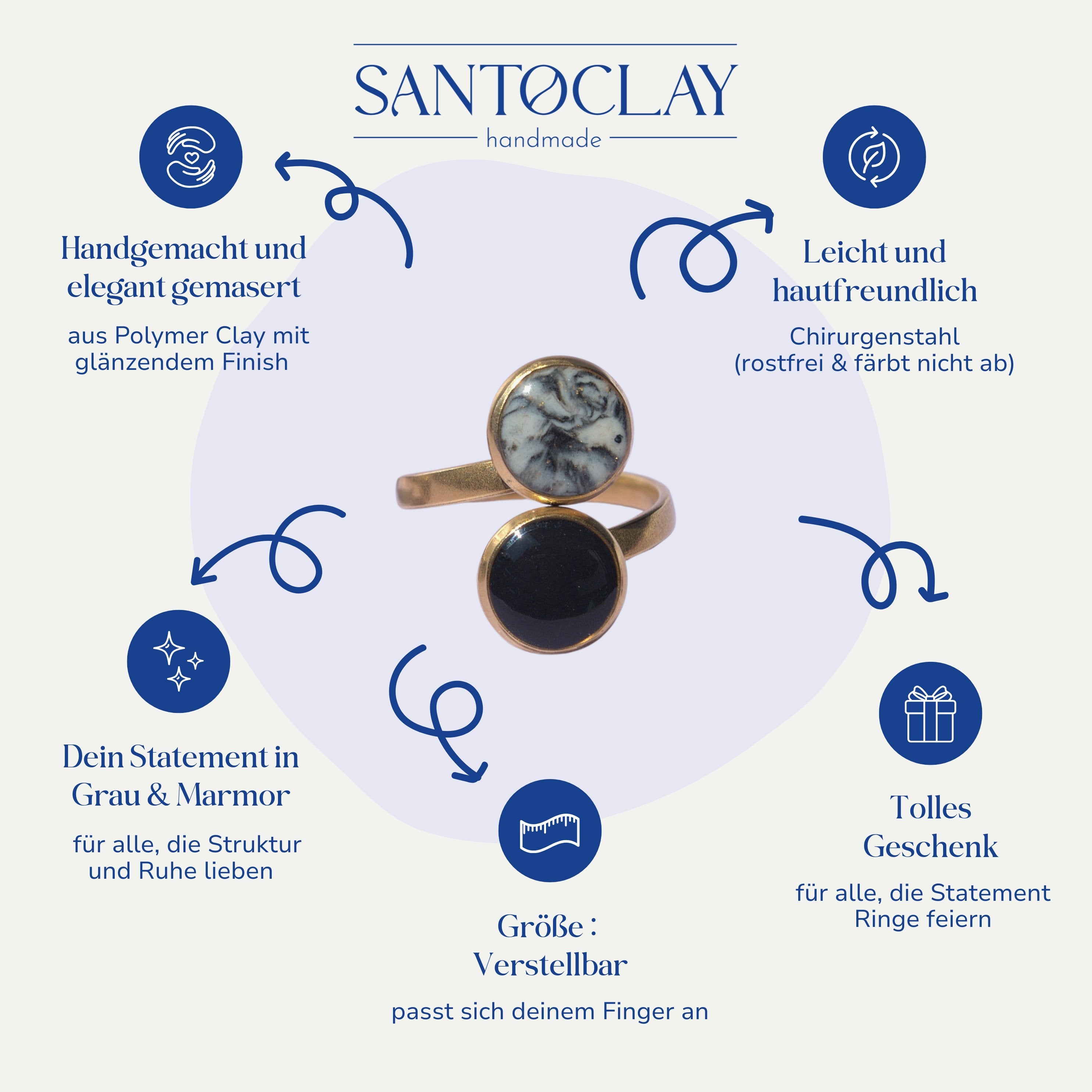 Vorteile des handgemachten Statement Rings in Grau mit Marmor-Optik von Santoclay im Überblick