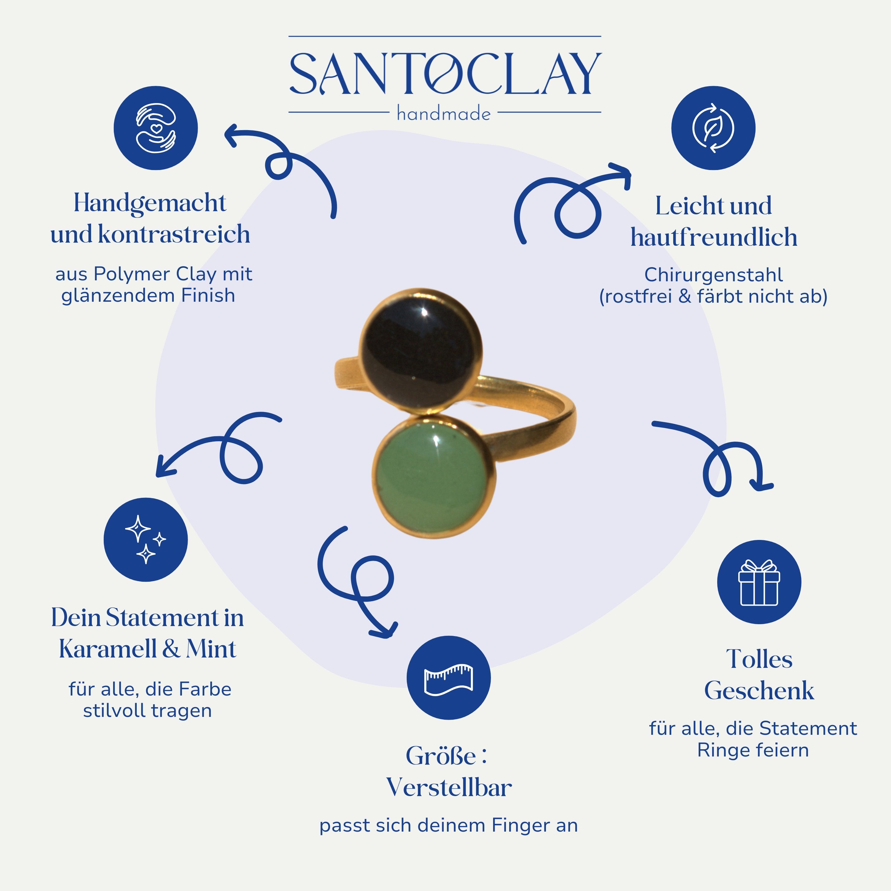 Vorteile des handgemachten Statement Rings Kreis in Karamell und Mint von Santoclay im Überblick