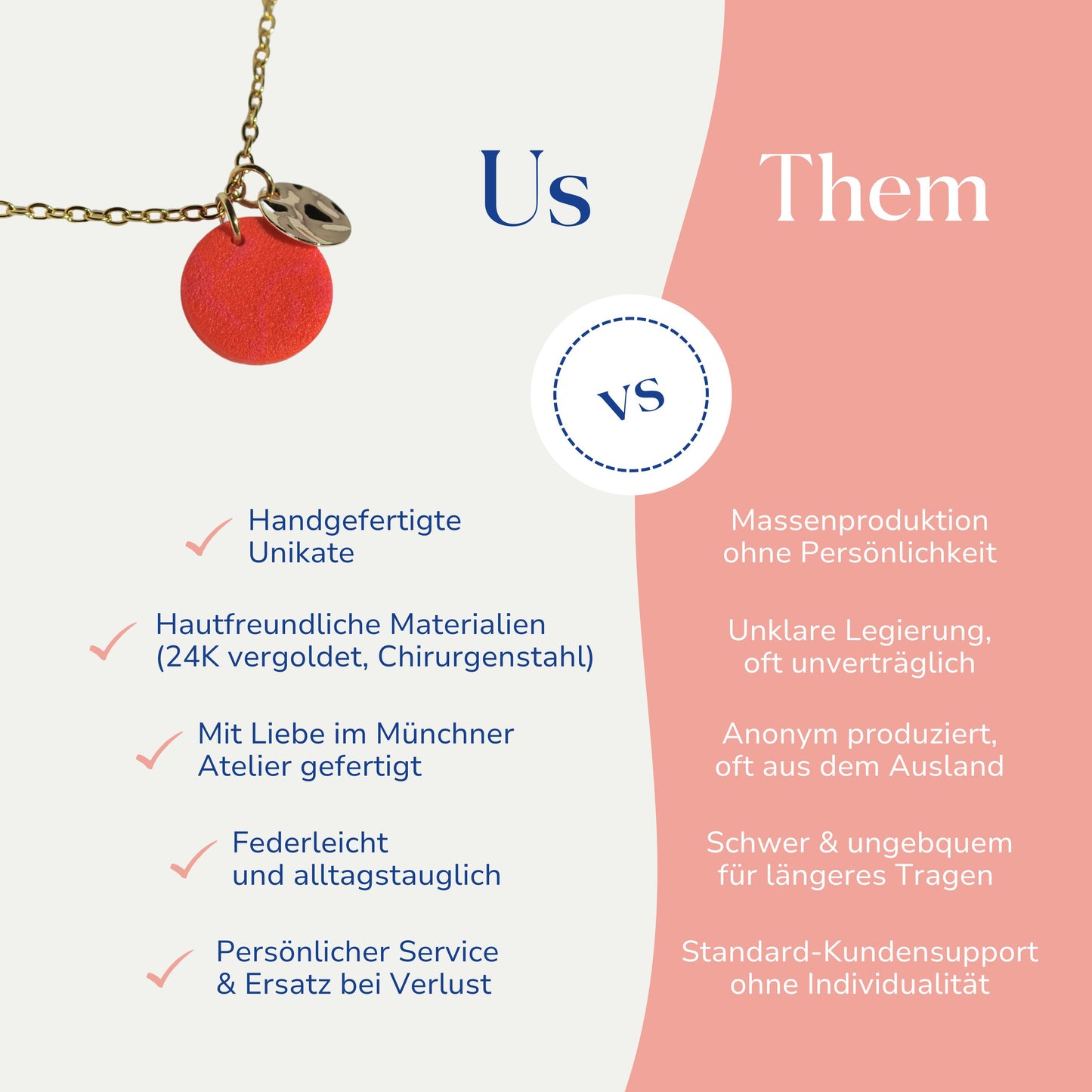  Vergleich zwischen der handgemachten Halskette in Orange und Pink von Santoclay und herkömmlichem Modeschmuck