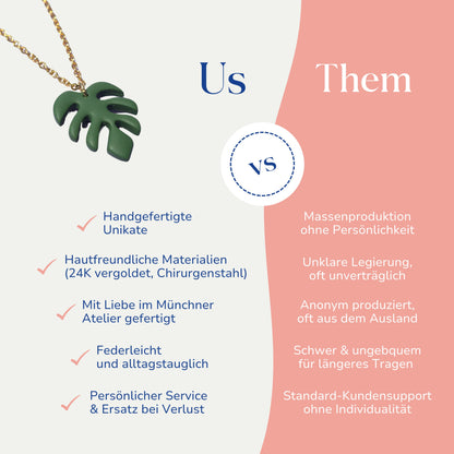  Vergleich zwischen der handgemachten Monstera Halskette vergoldet aus Edelstahl von Santoclay und herkömmlichem Modeschmuck