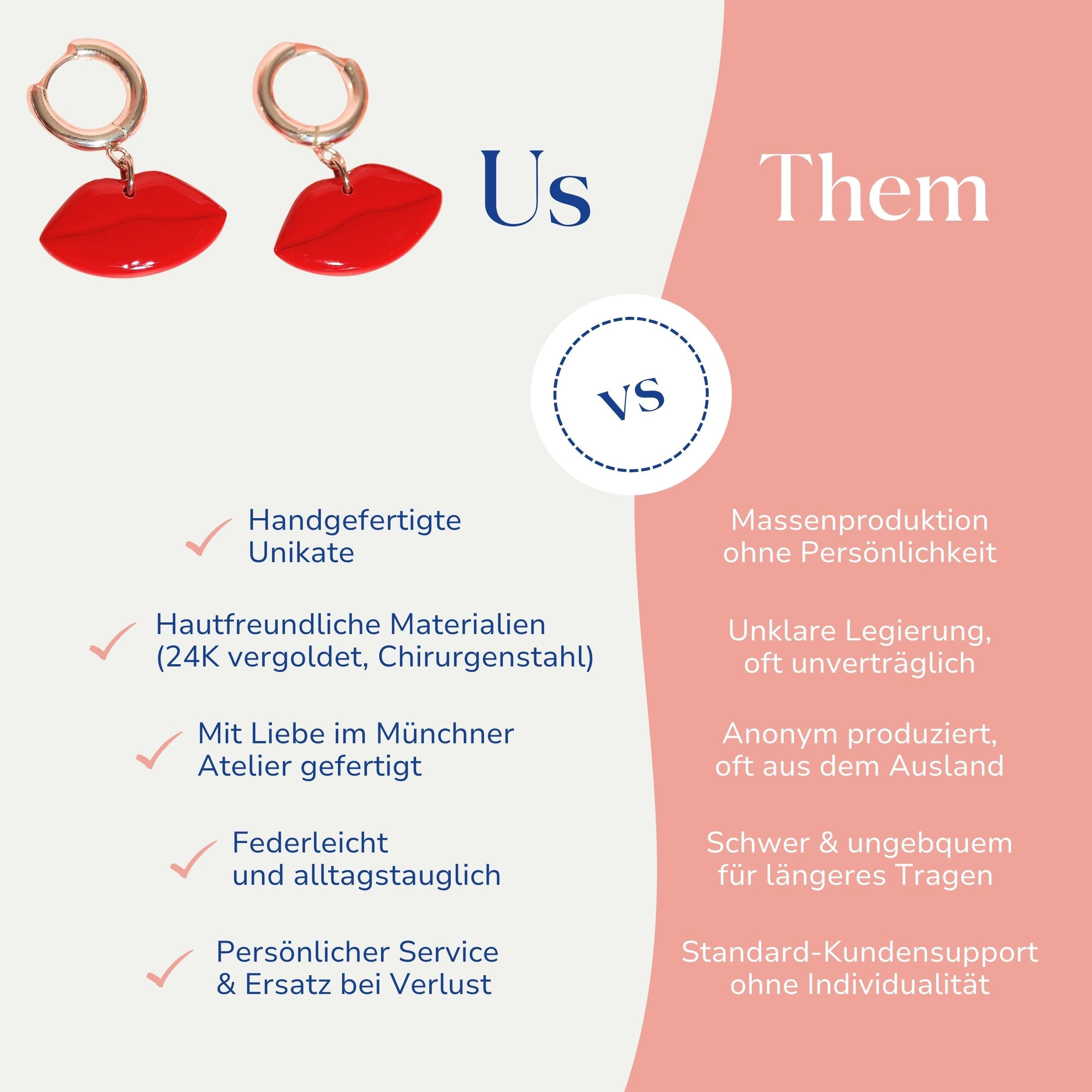 Vergleich zwischen den handgemachten Red Kiss Creolen mit Lippenanhängern von Santoclay und herkömmlichem Modeschmuck