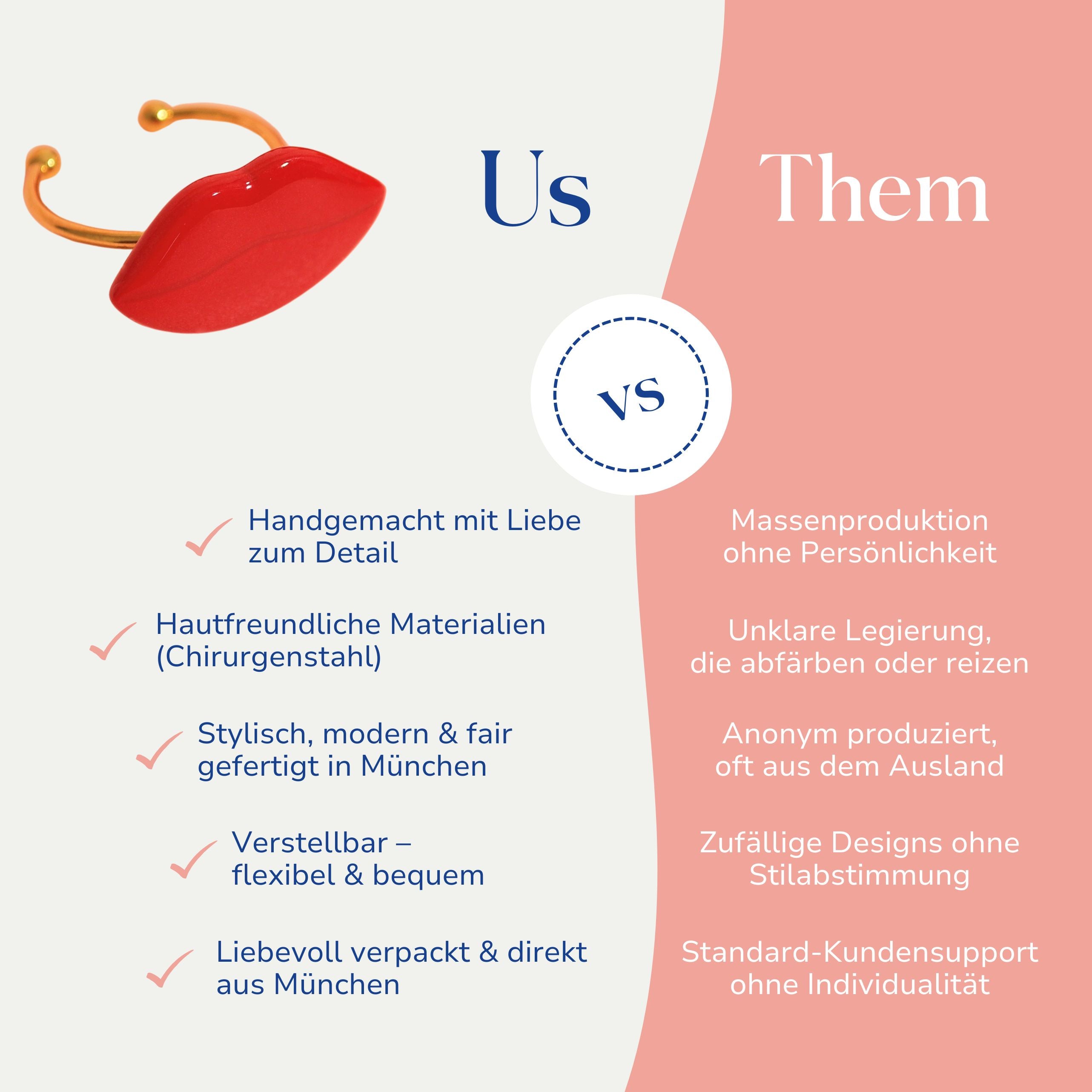 Vergleich zwischen dem handgemachten Red Kiss Statement Ring von Santoclay und herkömmlichem Modeschmuck