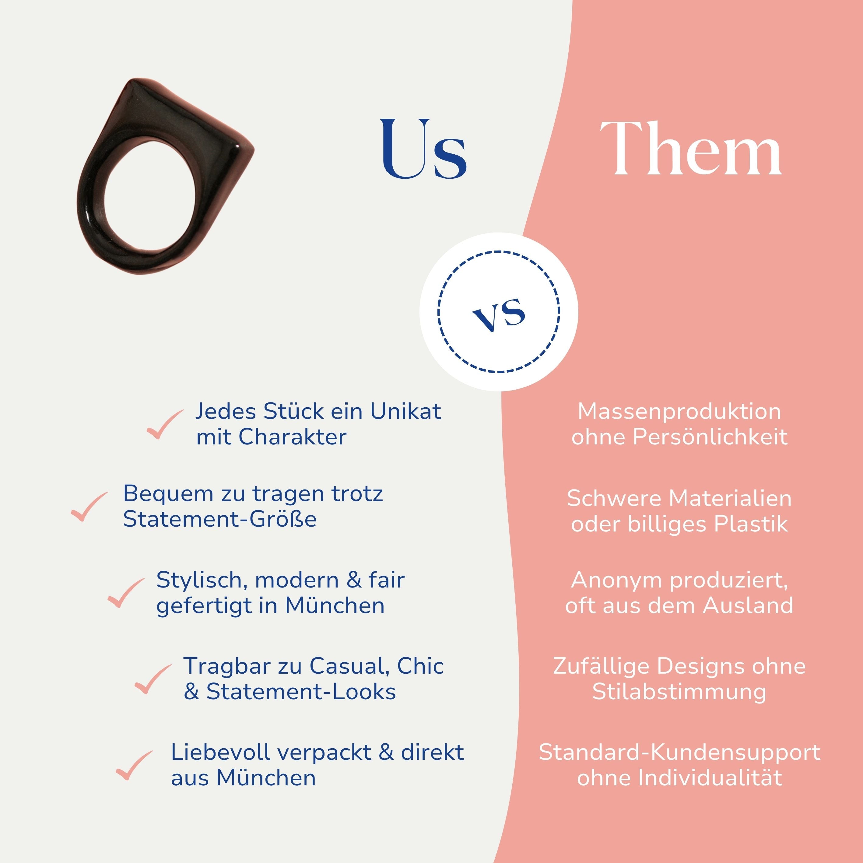 Vergleich zwischen dem handgemachten Statement Ring in Schwarz von Santoclay und herkömmlichem Modeschmuck