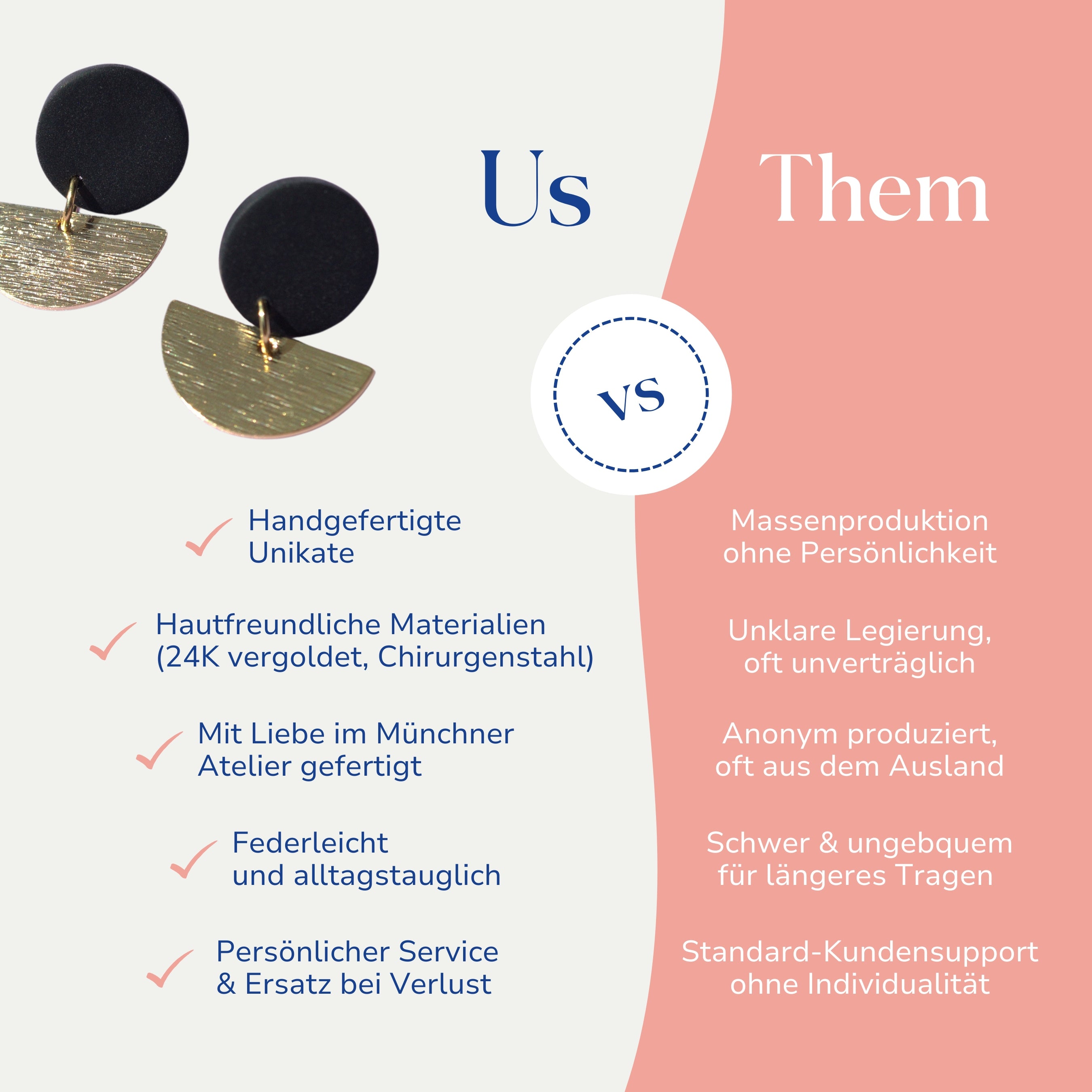  Vergleich zwischen Santoclay handgefertigten Unikaten und anonymer Massenware – Vorteile von hautfreundlichen, leichten und fair gefertigten Ohrsteckern.