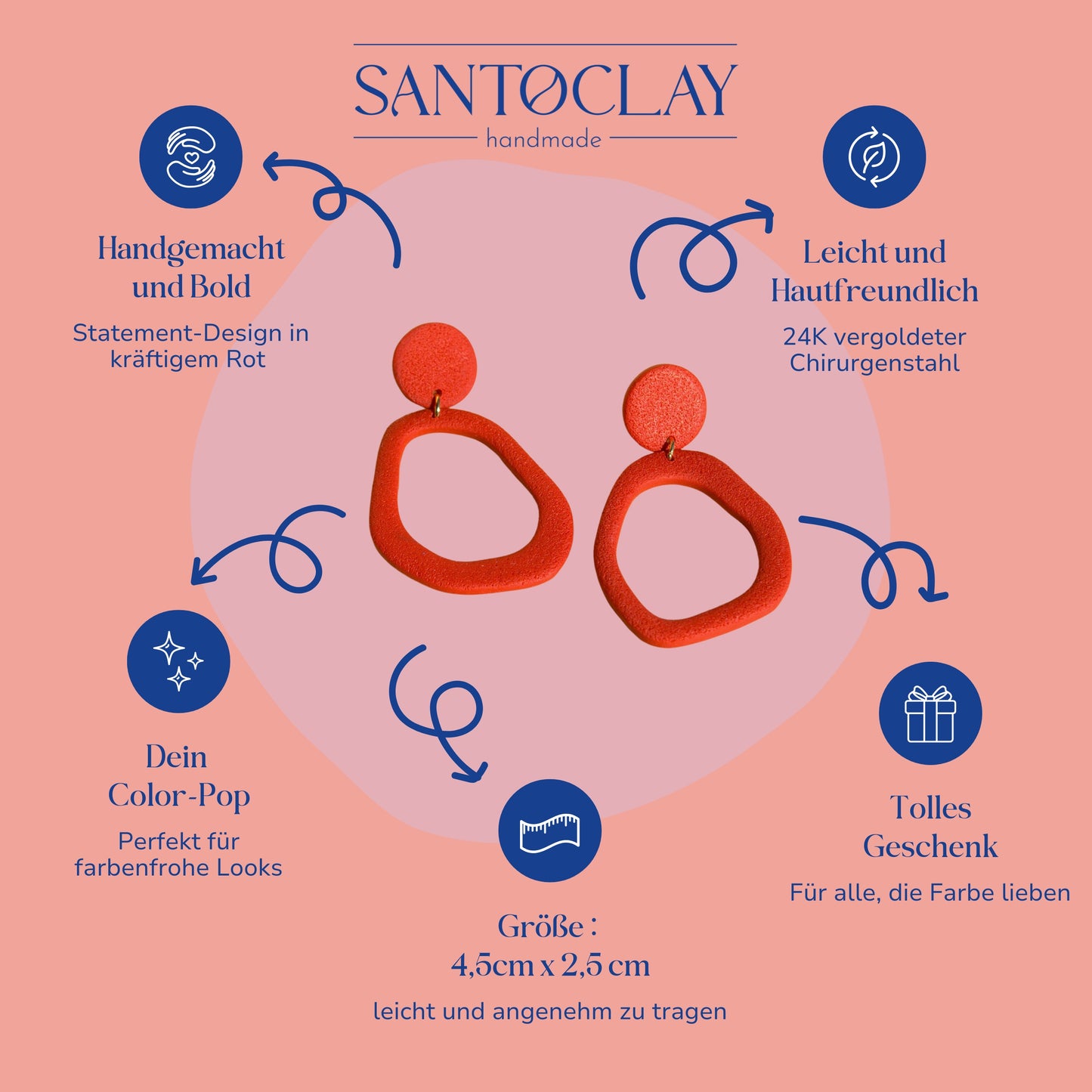 Vorteile der Ipanema Statement Ohrringe in Rot von Santoclay – handgemacht, leicht, hautfreundlich, perfekter Farbakzent.