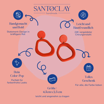Vorteile der Ipanema Statement Ohrringe in Rot von Santoclay – handgemacht, leicht, hautfreundlich, perfekter Farbakzent.