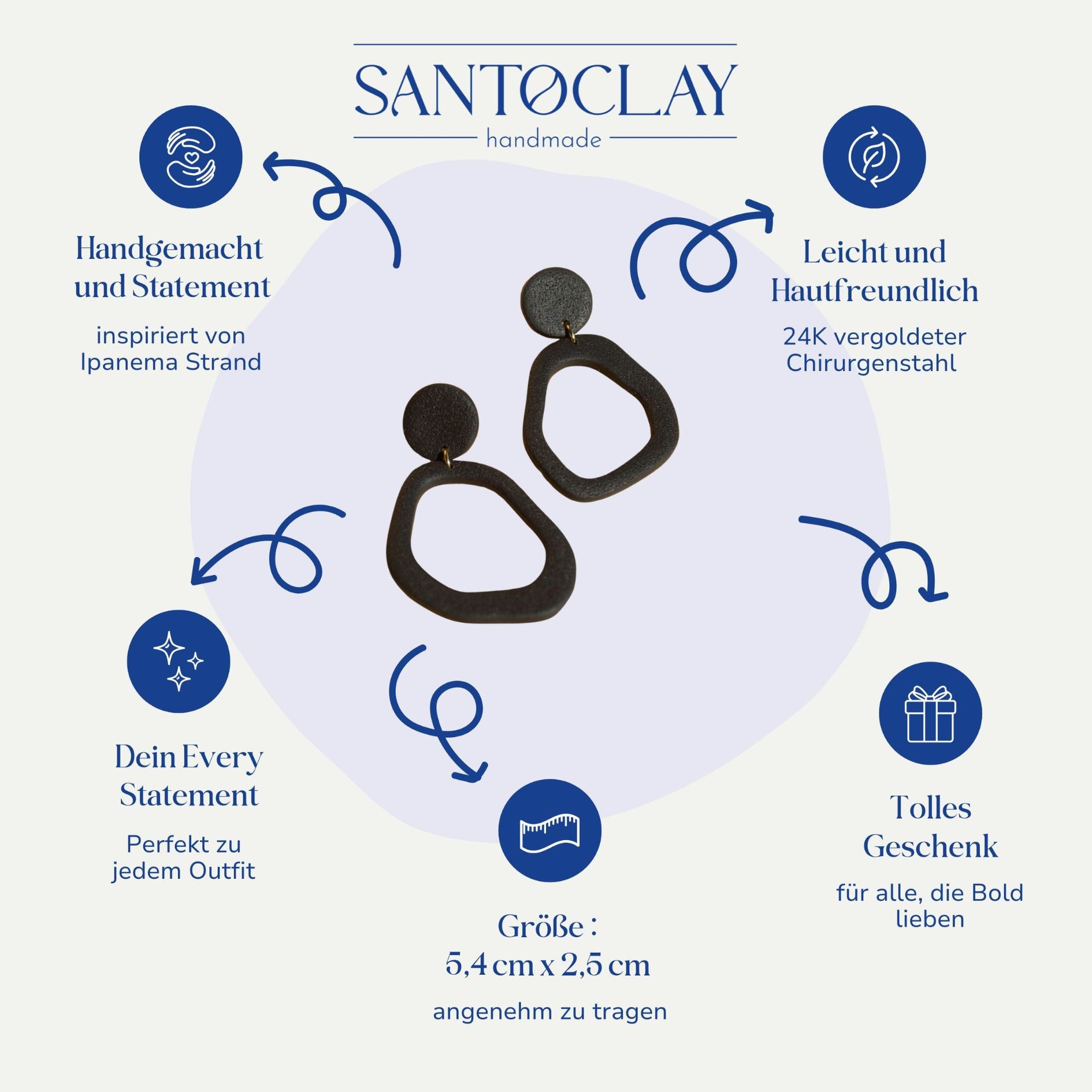 Vorteile der Ipanema Statement Ohrringe in Schwarz von Santoclay – handgemacht, leicht, hautfreundlich, perfekt kombinierbar.