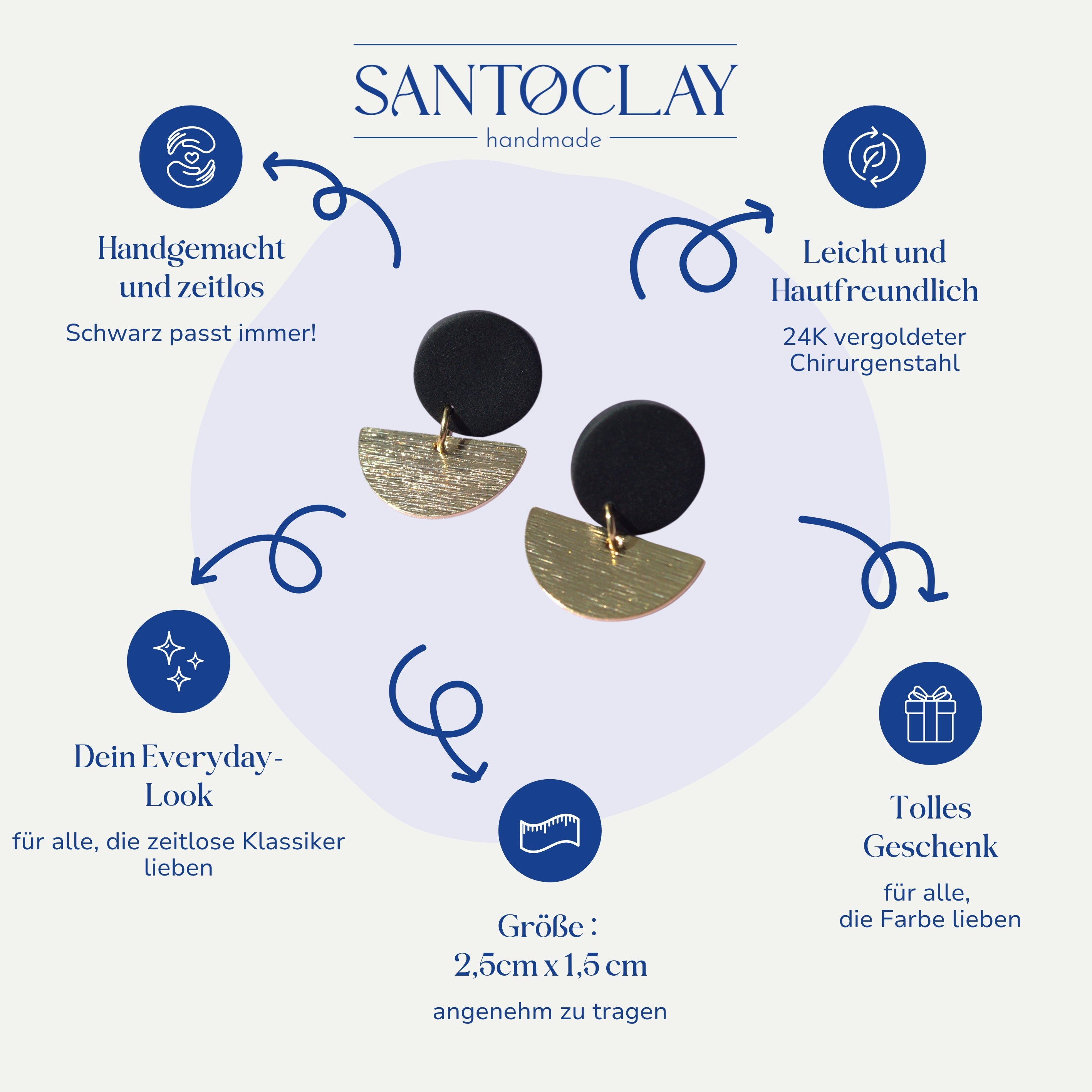  Schwarze handgefertigte Ohrstecker mit 24K vergoldetem Halbkreis von Santoclay – leicht, hautfreundlich und zeitloses Design für deinen Alltag.