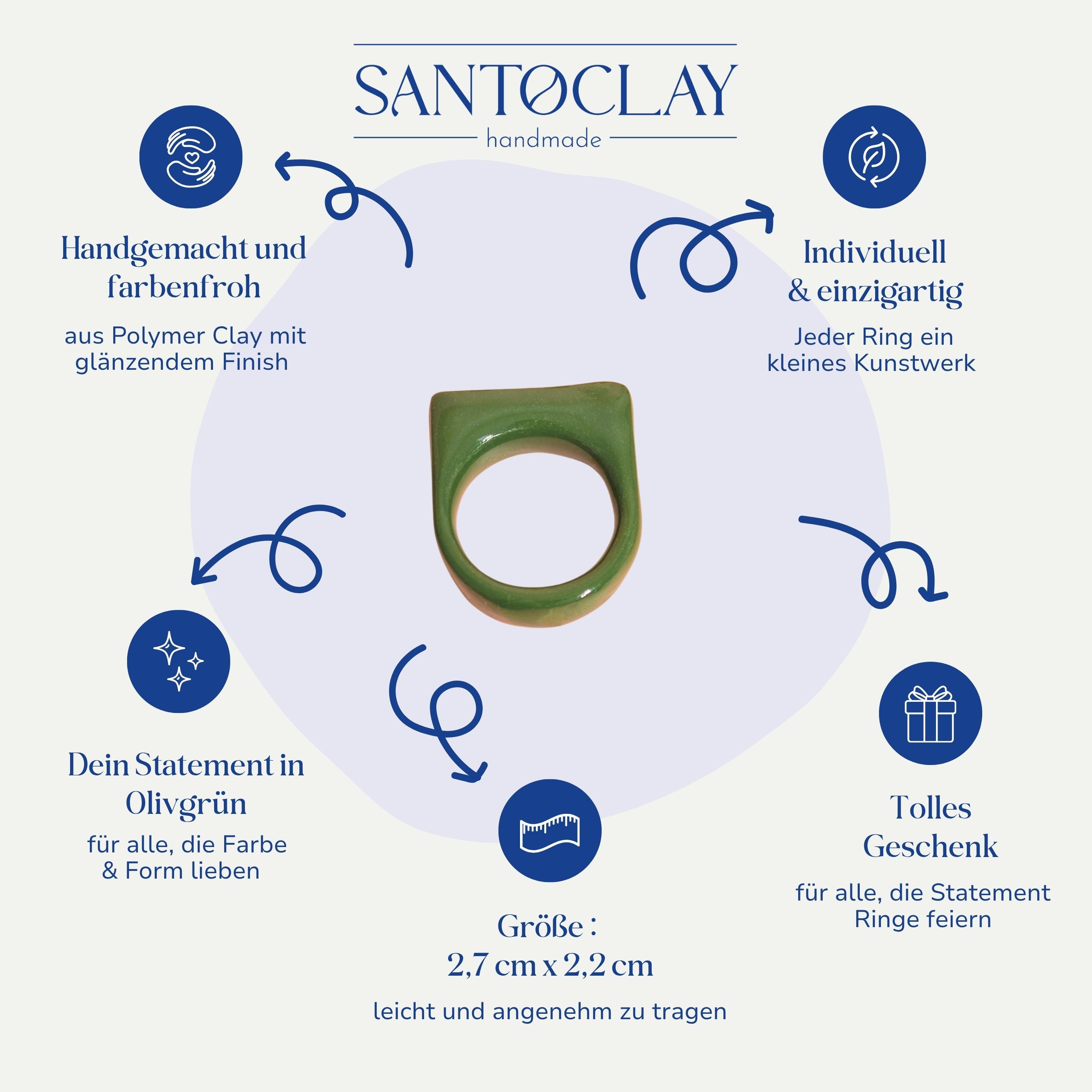 Vorteile des handgemachten Statement Rings in Olivgrün aus Polymer Clay von Santoclay im Überblick